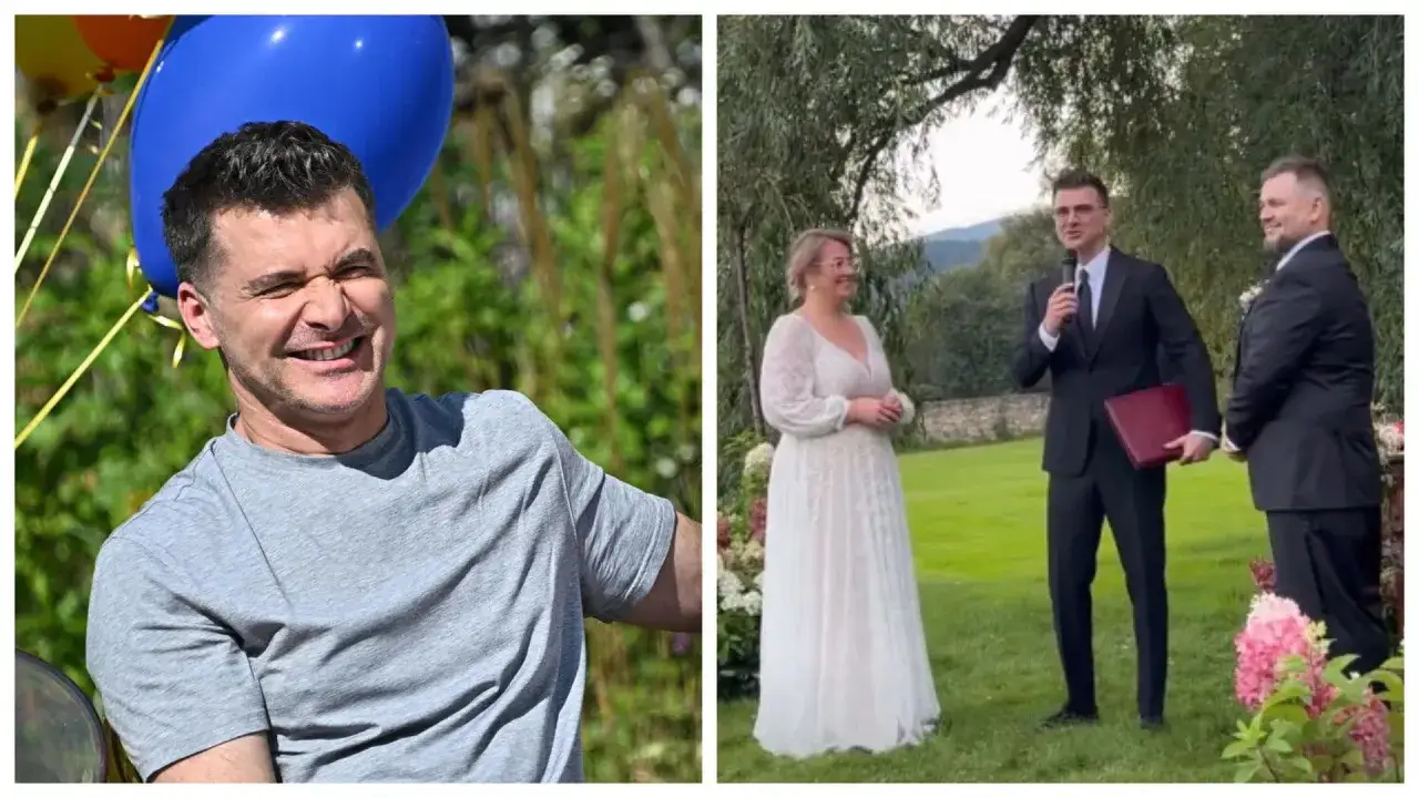 Tomasz Kammel na ślubie w otoczeniu balonów i podczas ceremonii.