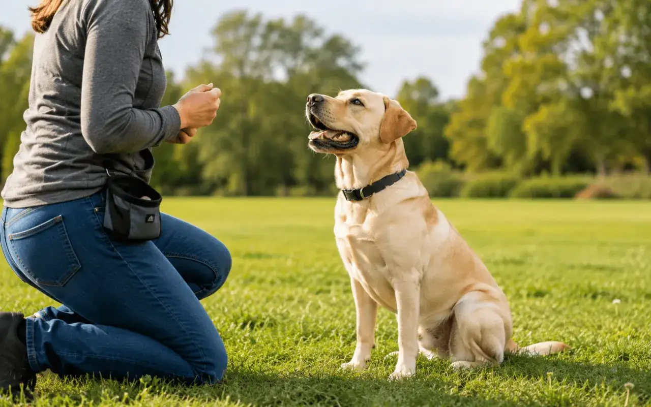 Un labrador americano, atento y sentado en el césped, espera una recompensa de su entrenador.