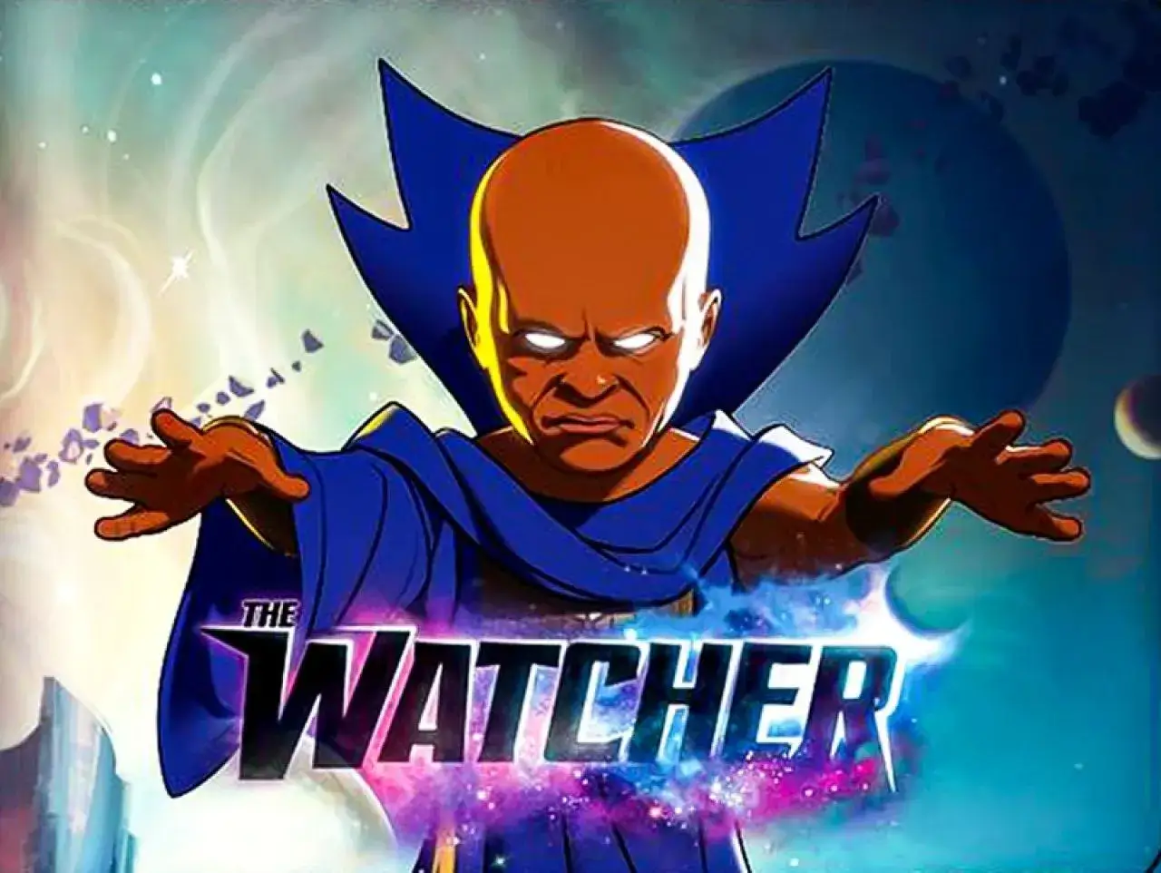 Obserwator serialu Marvel, Uatu, w niebieskiej szacie, z pomarańczową sk&oacute;rą i świecącymi oczami, rozpościera ręce na tle kosmosu.