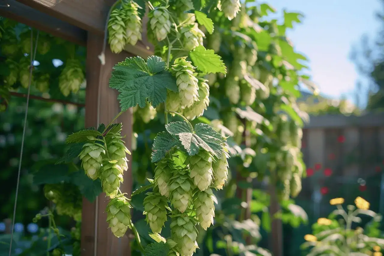 Des cônes de houblon verts pendent d'une treille en bois, illustrant comment pousse le houblon. Les feuilles luxuriantes et les fleurs en forme de cône sont éclairées par le soleil.
