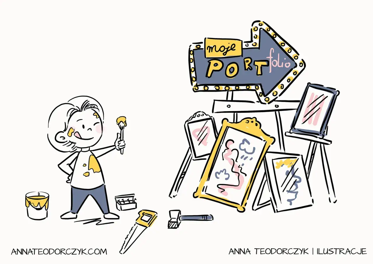 Młody ilustrator z pędzlem w dłoni, otoczony sztalugami z obrazami i znakiem