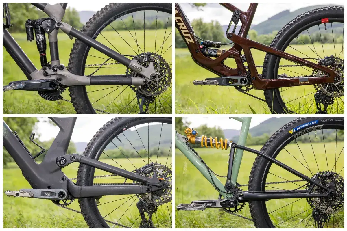 Four close-ups of mountain bike rear suspension systems, showcasing components like the Fox DPX2 shock, cranks, and drivetrains.