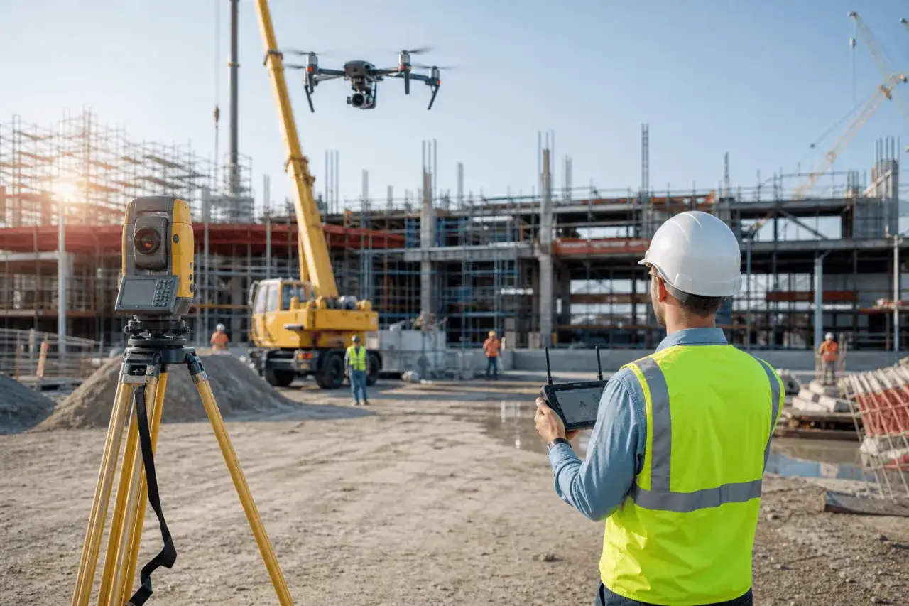 Na budowie inżynier steruje dronem, wykorzystując nowe technologie w budownictwie. Obok stoi tachimetr.