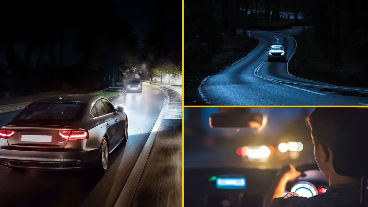 Trois sc&egrave;nes illustrent la conduite de nuit : une voiture sur une route mouill&eacute;e, un v&eacute;hicule sur une route sinueuse et sombre, et la vue depuis l'int&eacute;rieur d'une voiture.