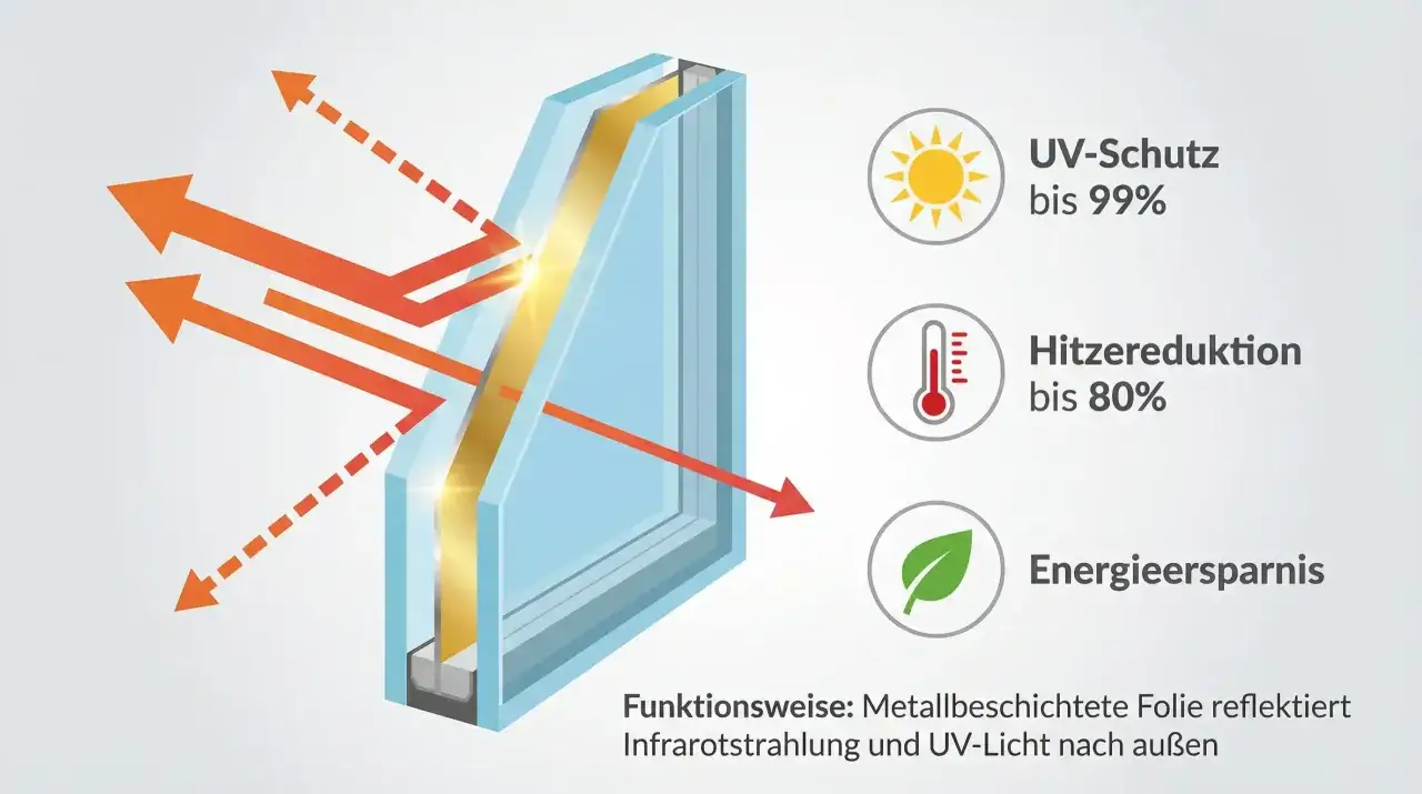 Schutz vor **Sonnenbrand durch Fenster**: Die metallbeschichtete Folie reflektiert UV-Licht und Infrarotstrahlung, reduziert Hitze um 80% und spart Energie.