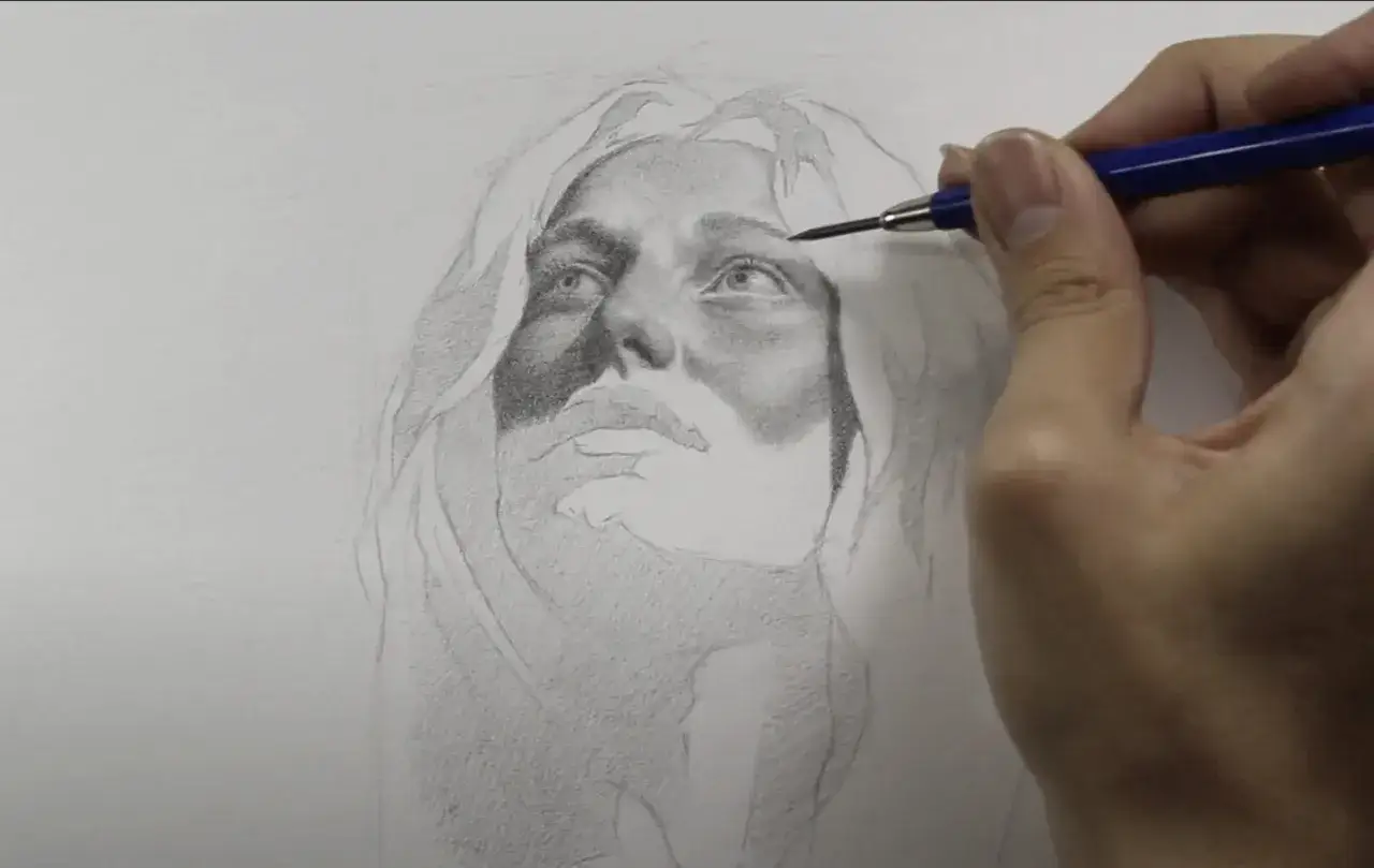 Detalles de un rostro en proceso, explorando t&eacute;cnicas de dibujo a l&aacute;piz para capturar la luz y la sombra.