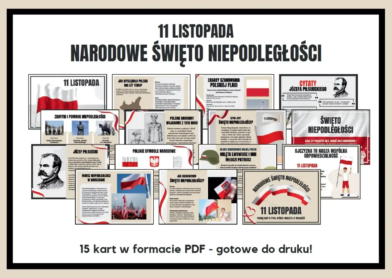Gazetka na 11 listopada do druku: zbiór materiałów o historii Polski, symbolach narodowych, bohaterach i cytatach.