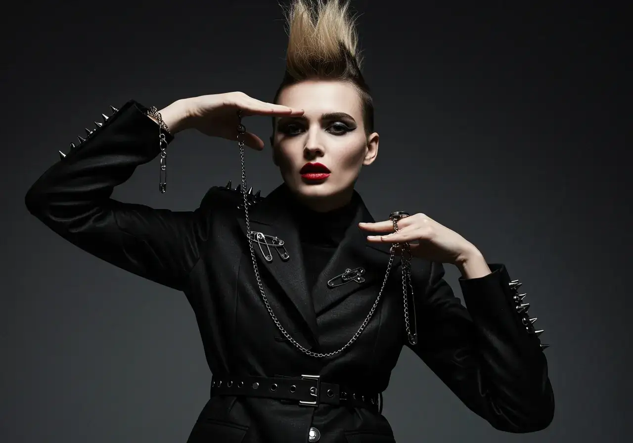 Kobieta z irokezem i mocnym makijażem, ubrana w czarny płaszcz z ćwiekami i agrafkami, emanuje energią **punk**.
