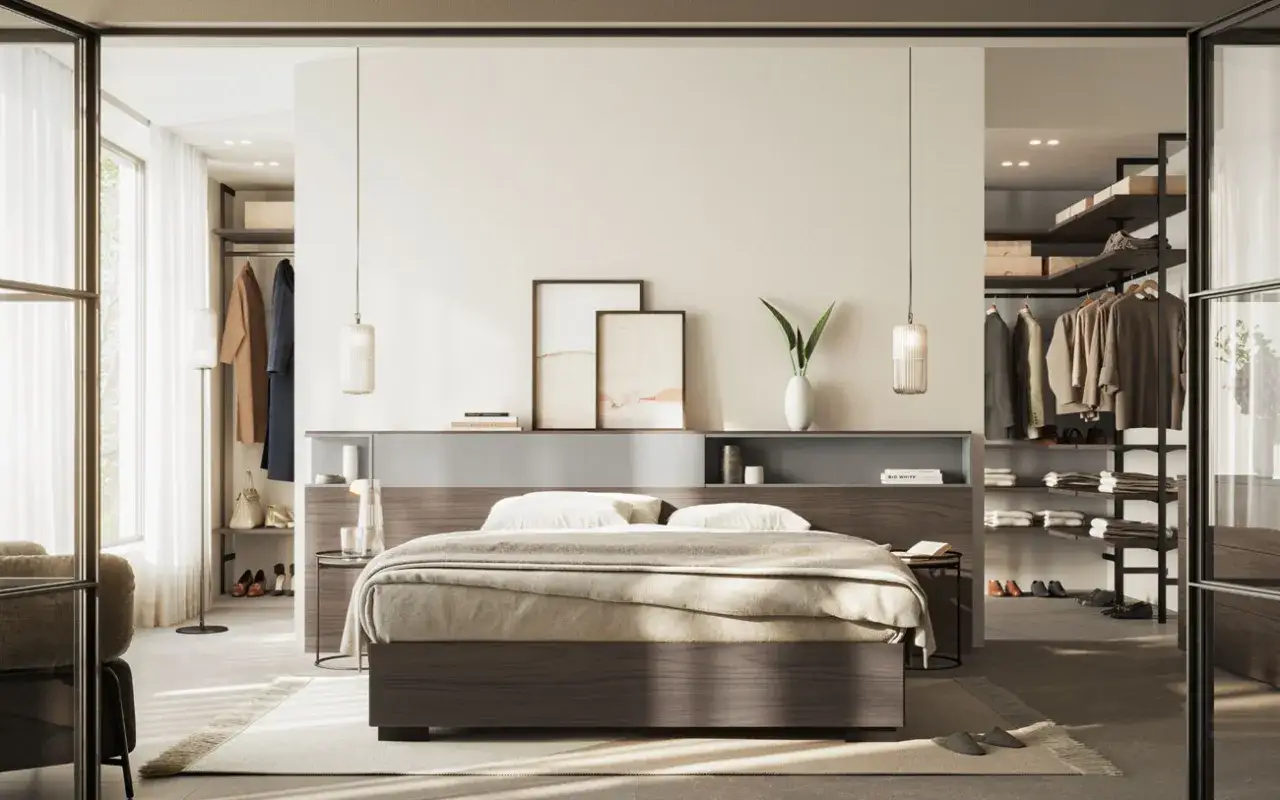 Progetto camera da letto con cabina armadio: letto moderno, quadri astratti e un'elegante cabina armadio a vista.