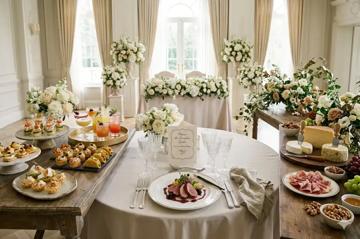 Elegante mesa de banquete con flores, aperitivos, c&oacute;cteles y un plato principal. El 
