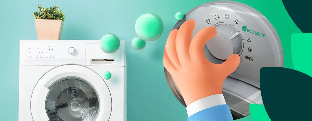 Main d'une cartoon sélectionnant le mode éco sur une machine à laver, pour une meilleure consommation d'eau et de lessive.