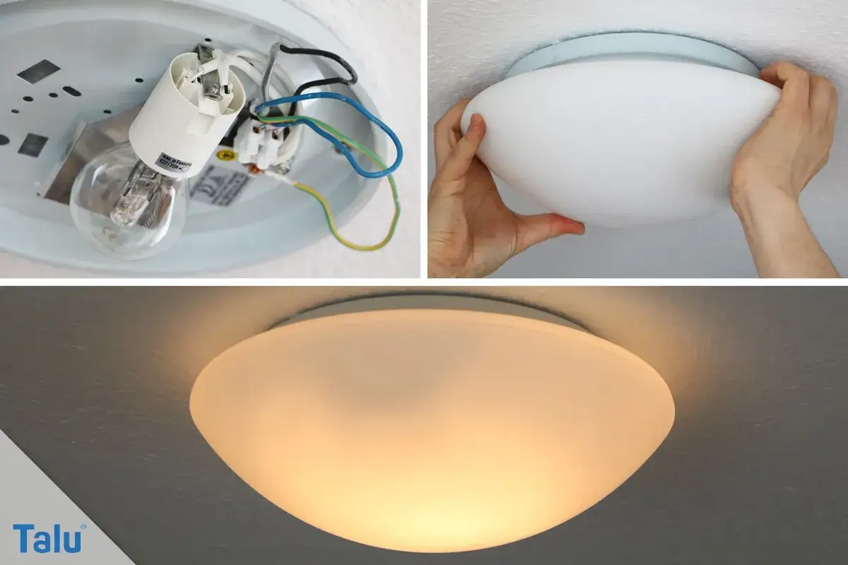 Schritt-f&uuml;r-Schritt-Anleitung zum Deckenlampe abmontieren: Kabel und Fassung sind sichtbar, dann wird der Lampenschirm abgenommen.