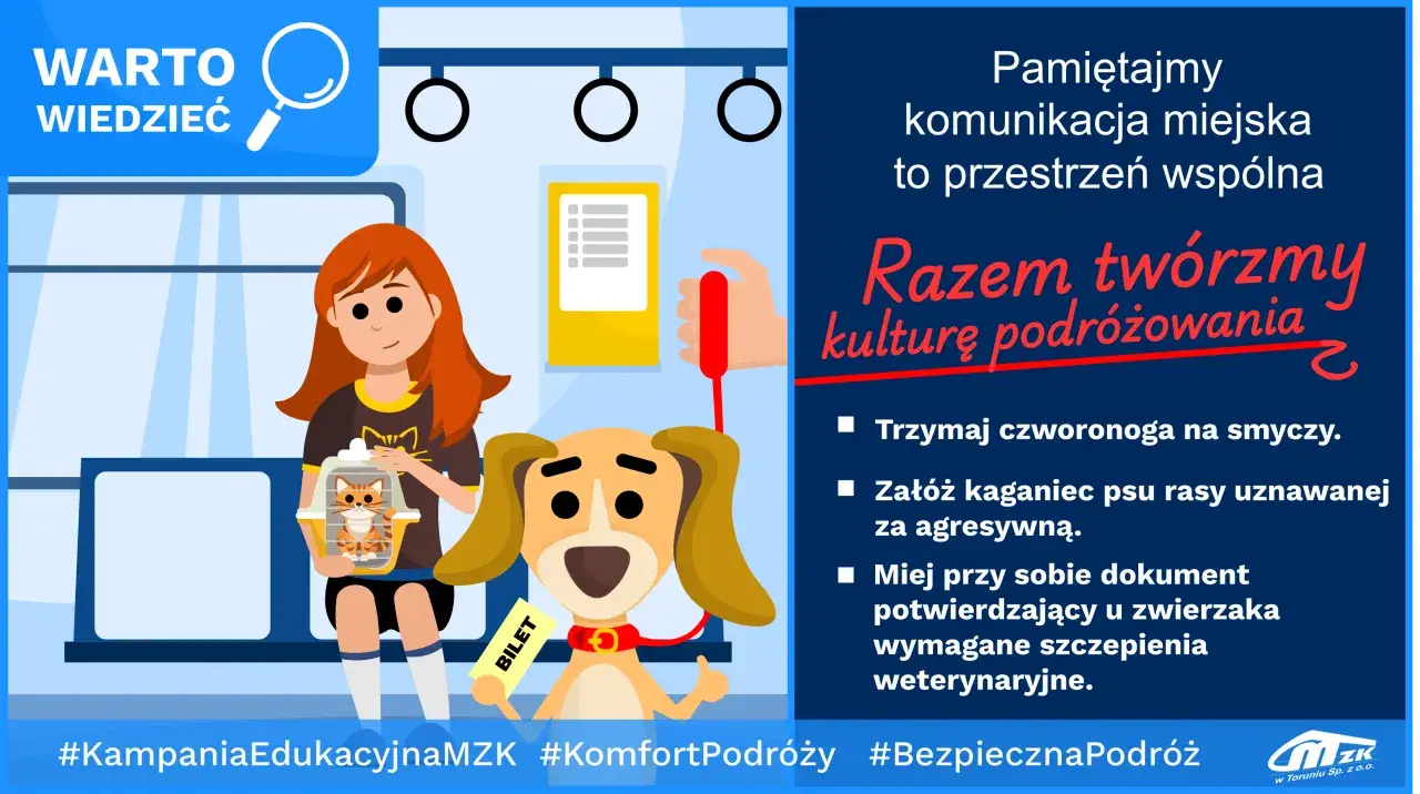 Dziewczynka z kotem i pies z biletem w autobusie. Czy pies musi mieć bilet w autobusie? Tak, jeśli podróżuje. #KampaniaEdukacyjnaMZK