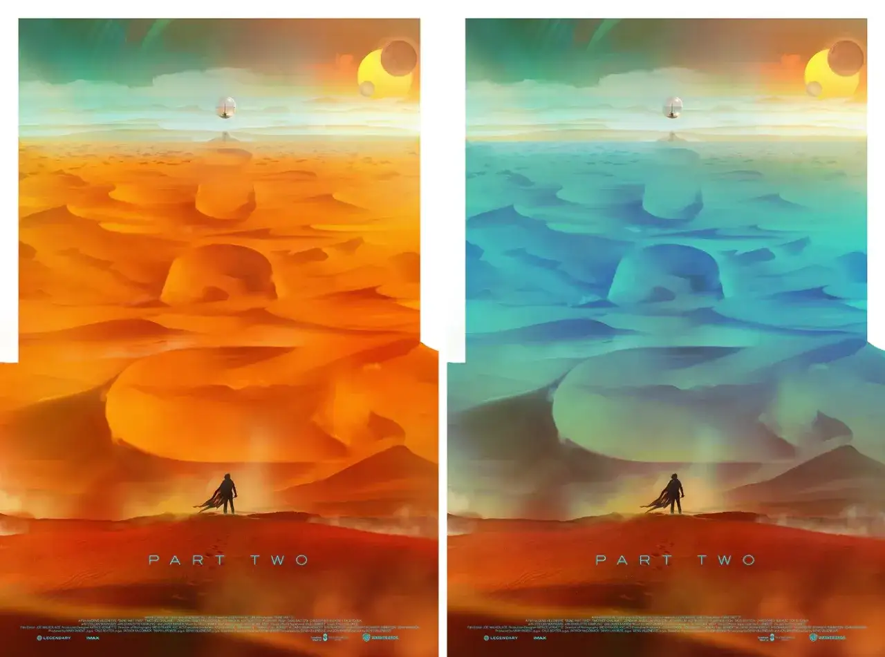 Zwei Poster für Dune 2 stream: eine Seite in warmen Orangetönen, die andere in kühlen Blautönen. Eine einsame Figur steht auf einer Sanddüne.