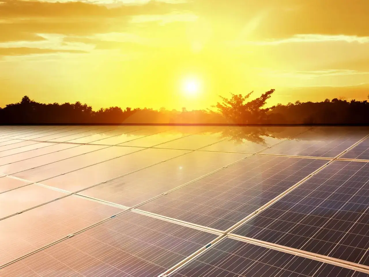 Panneaux solaires reflétant un coucher de soleil doré. Le mot
