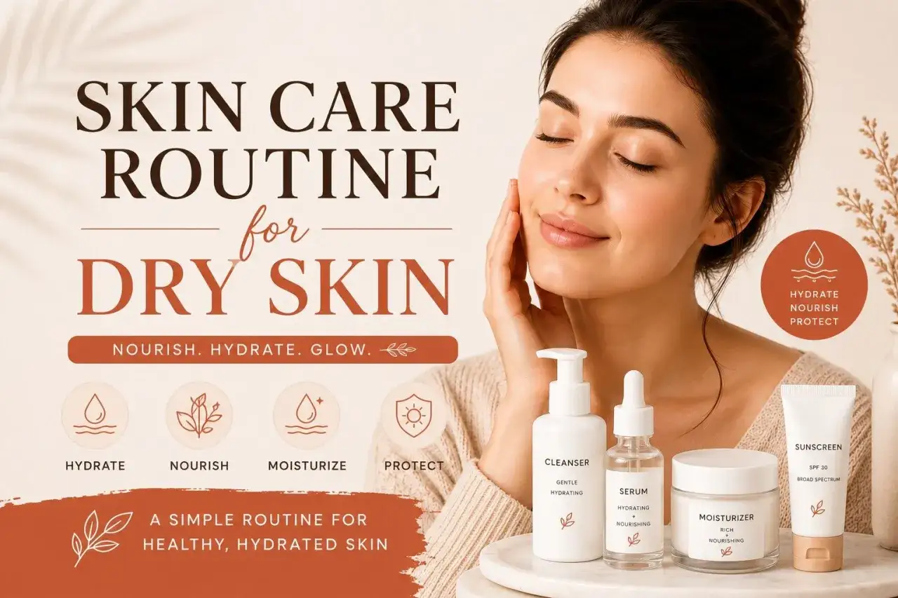Une femme profite d'une routine peau sèche. Nettoyant, sérum, hydratant et écran solaire pour une peau saine et hydratée.