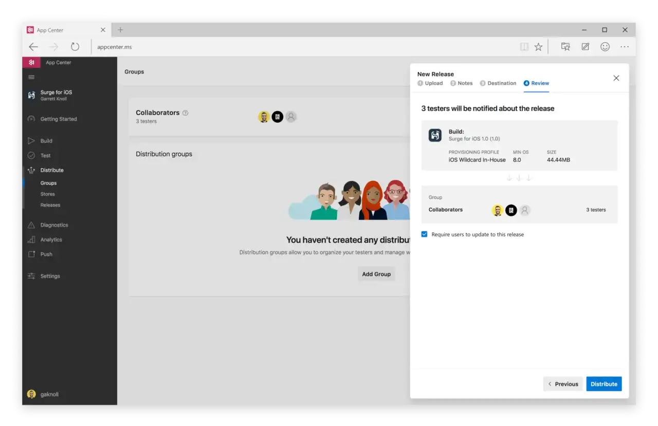 App Center : c'est quoi ? Une interface pour distribuer une nouvelle version de l'app 