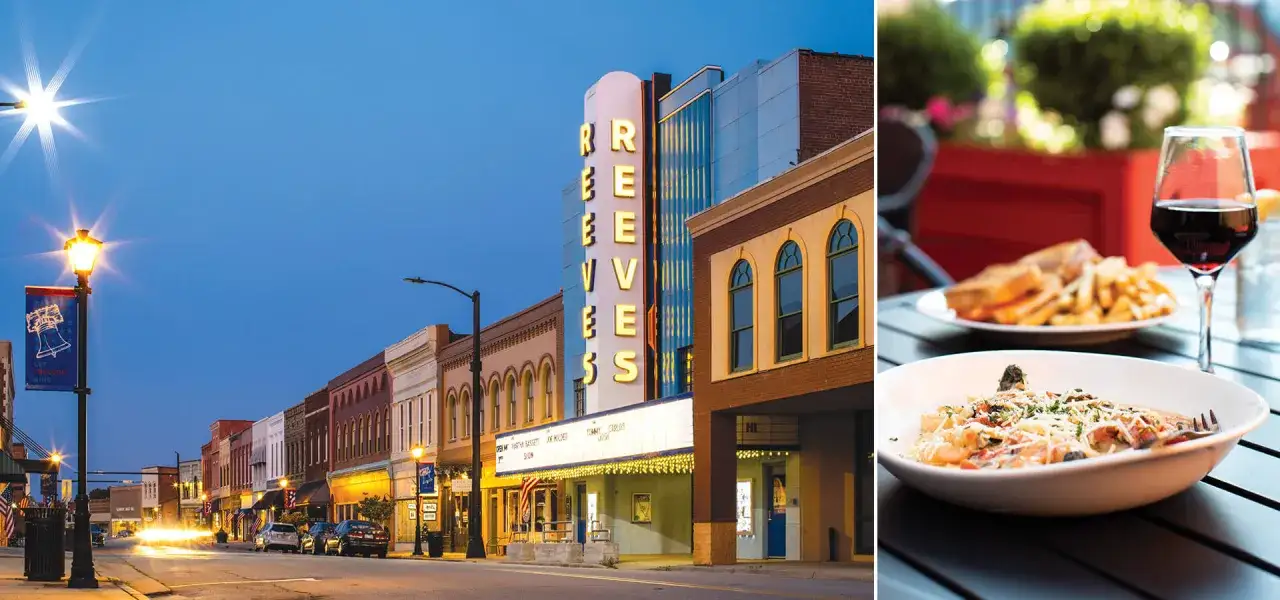 Discover things to do in Elkin, NC: a charming downtown street with the historic Reeves Theater and a delightful outdoor dining experience.