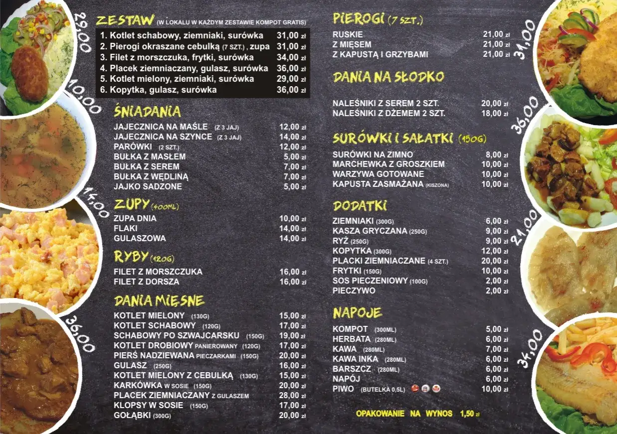 Menu z daniami obiadowymi, śniadaniami i zupami. Znajdziesz tu tanie i smaczne opcje na posiłek w Świnoujściu.