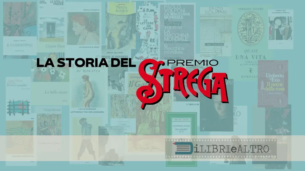 La Storia del Premio Strega, con copertine di libri che rappresentano i premi letterari più importanti.