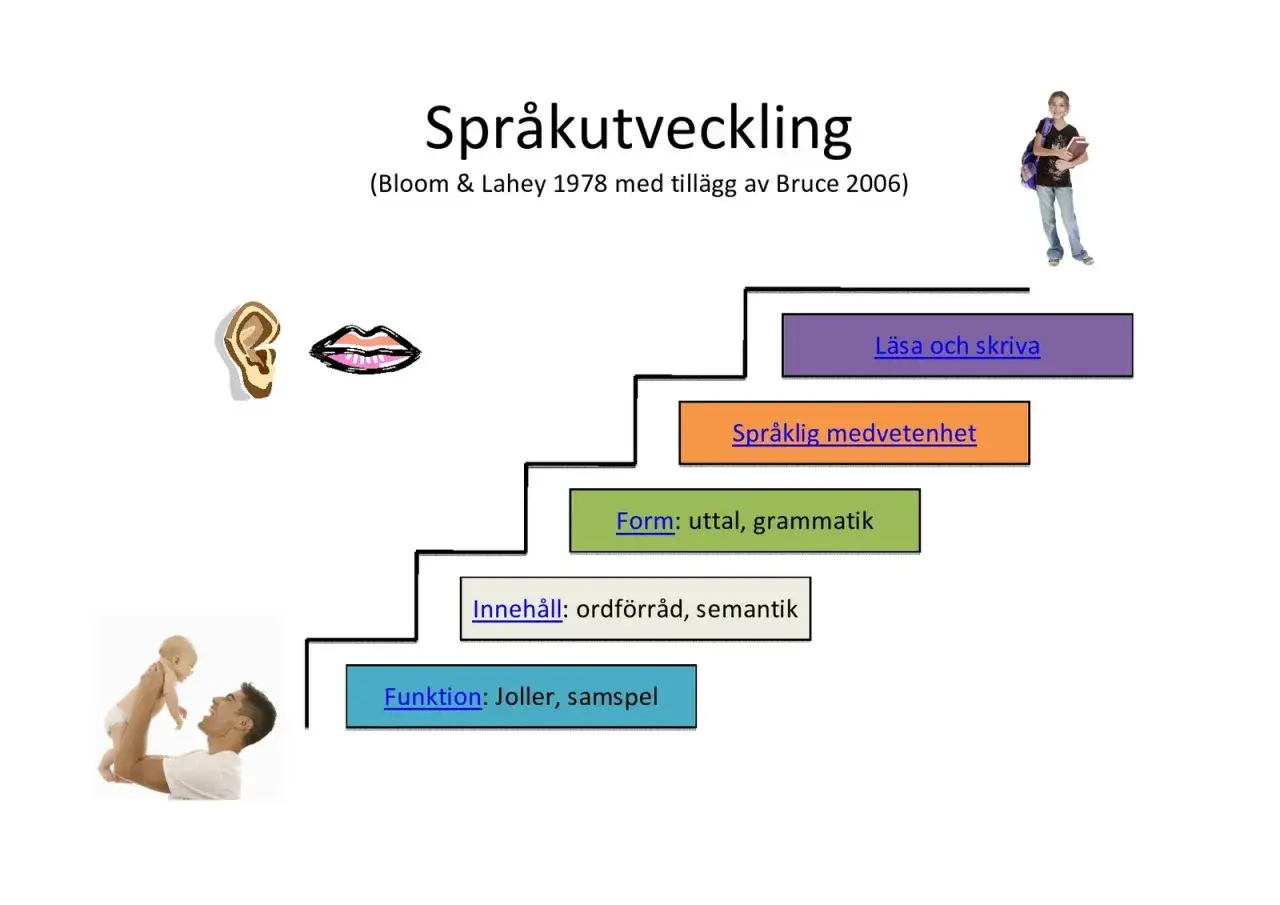 En trappa visar spr&aring;kutveckling fr&aring;n joller till l&auml;sa/skriva. Ett subjektivt exempel p&aring; hur barn utvecklar sitt spr&aring;k.
