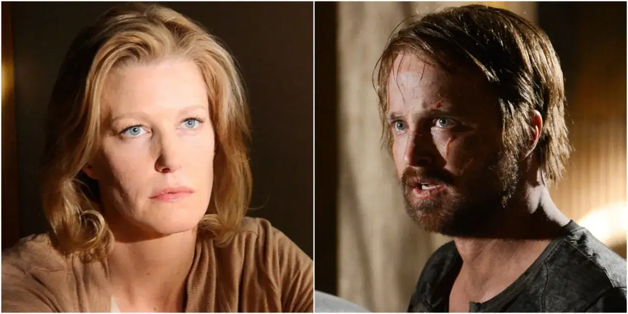 Skyler White e Jesse Pinkman in una scena drammatica di Breaking Bad. La sua espressione è preoccupata, mentre lui appare tormentato.