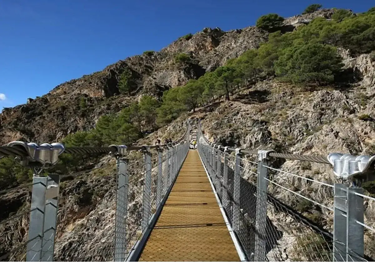 Puente colgante en la ruta del saltillo, con montañas rocosas y pinos verdes bajo un cielo azul.