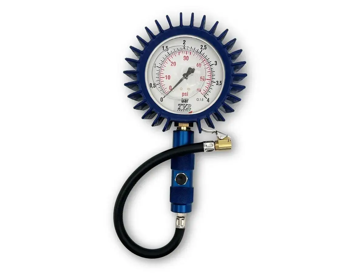 Manomètre bleu pour vérifier la pression pneu à chaud. Indique les bars et psi.