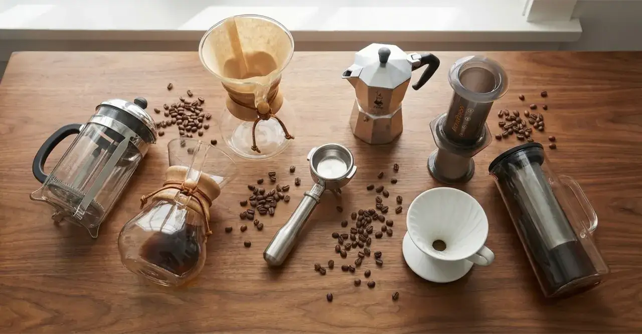 Vielfalt an Ger&auml;ten f&uuml;r handgebr&uuml;hten Kaffee: French Press, Chemex, Moka Kanne, Aeropress, Siebtr&auml;ger und Kaffeebohnen.