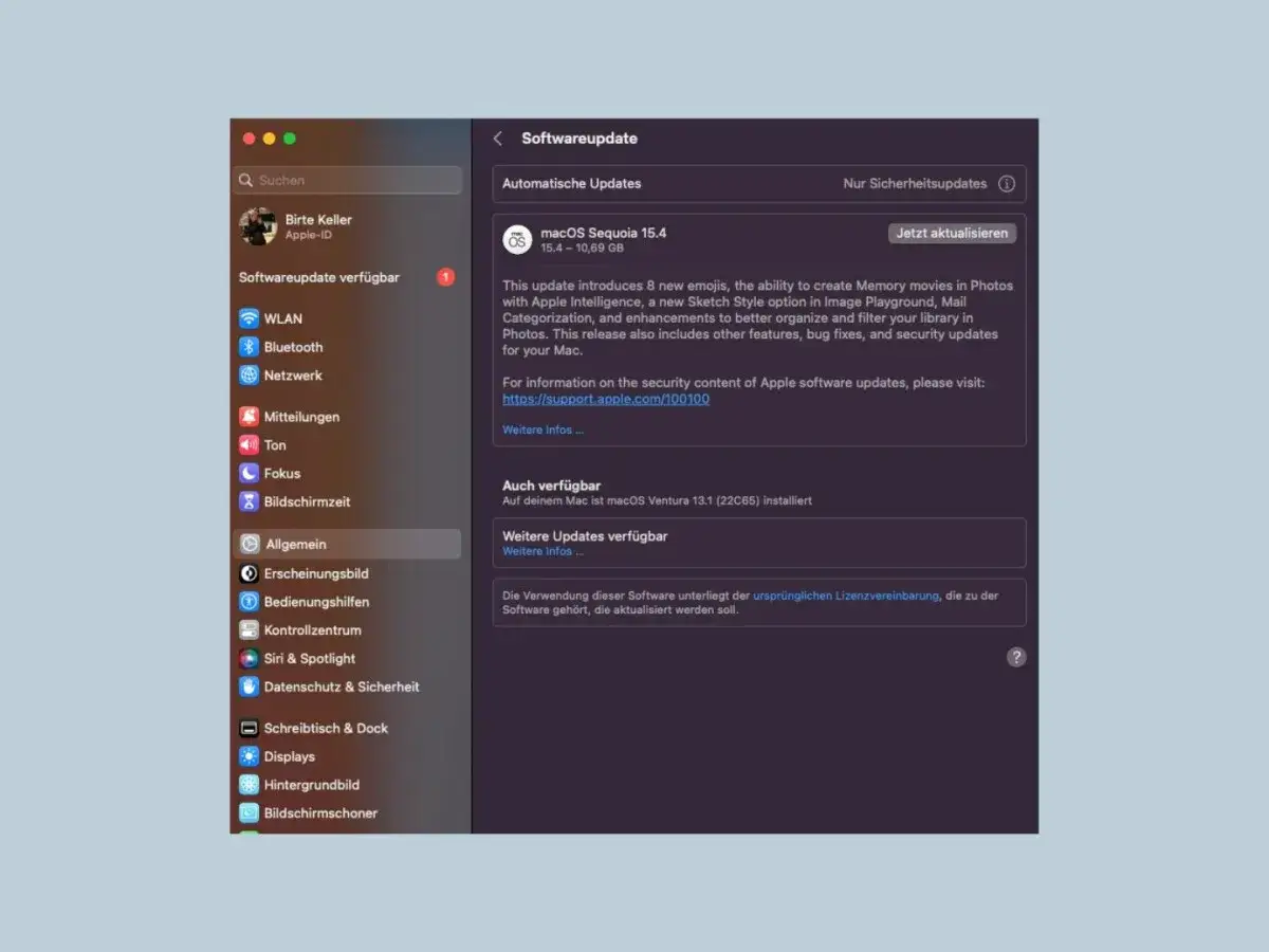 macOS Softwareupdate zeigt, wie lange Updates für iPhone und Mac verfügbar sind. Hier wird macOS Sequoia 15.4 angeboten.