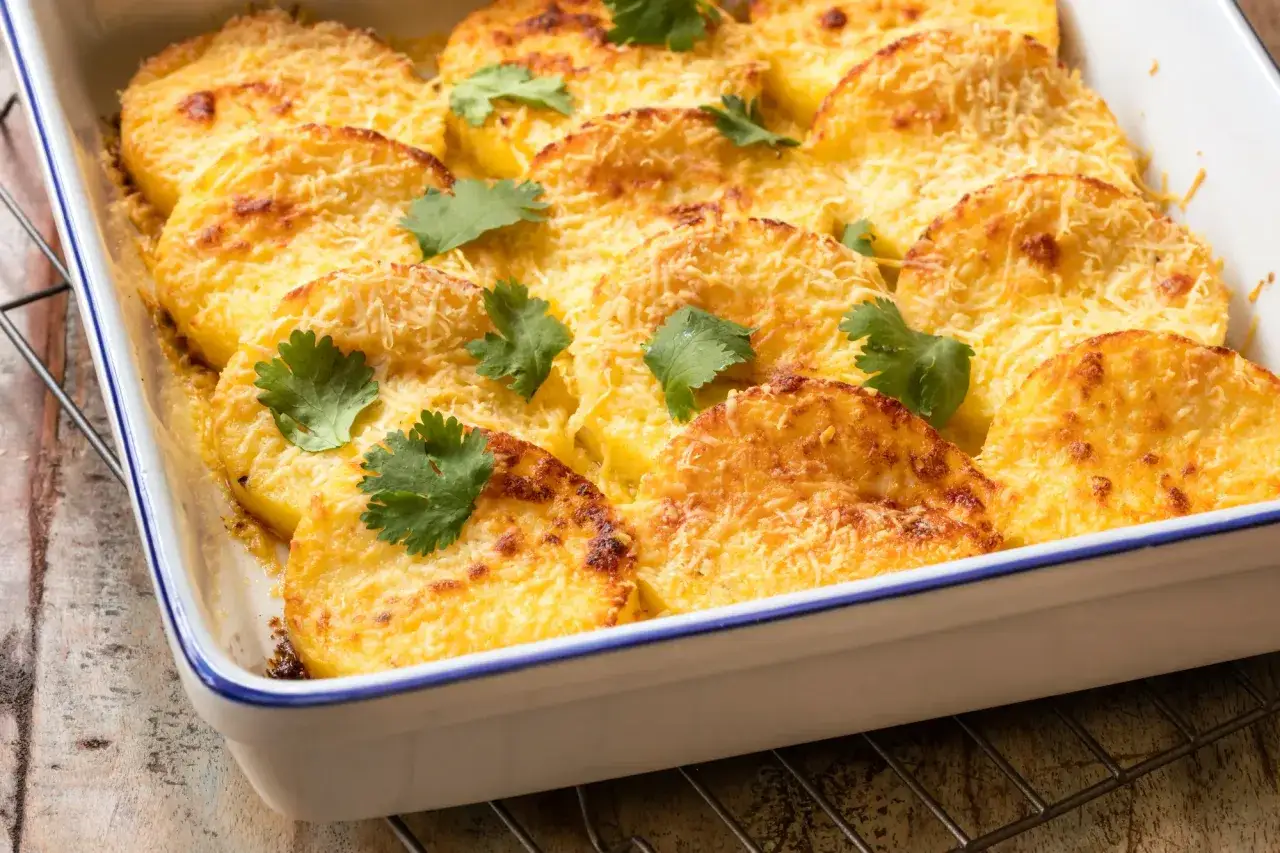 Gnocchi à la romaine dorés et gratinés, parsemés de fromage râpé et décorés de persil frais, prêts à être dégustés.