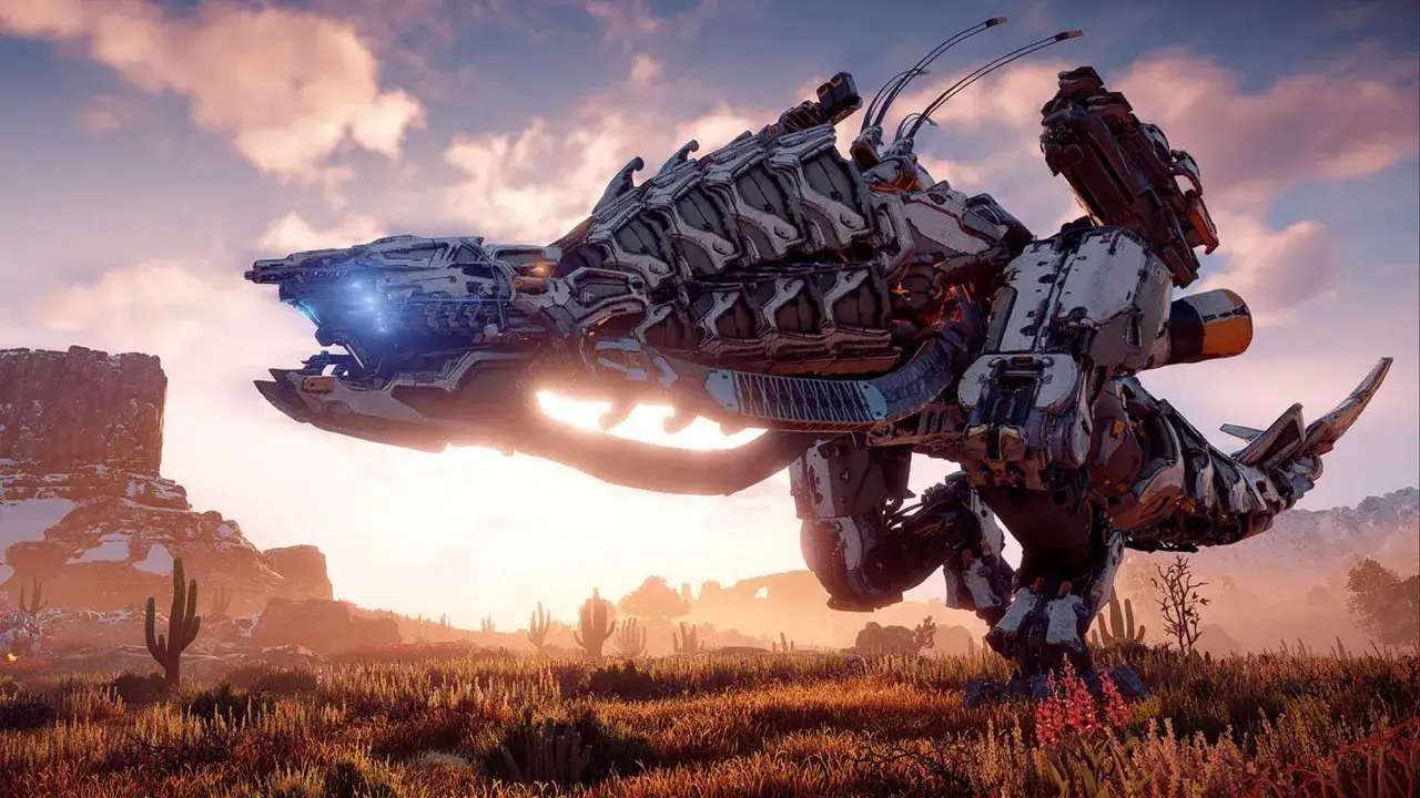 Maszyna z Horizon Zero Dawn na tle zachodzącego słońca. Ile godzin zajmie jej pokonanie?