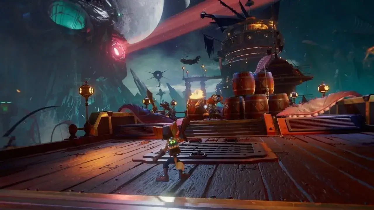 Ratchet y Clank en PS5, explorando un mundo alienígena con extrañas criaturas y una nave imponente. ¡Una guía visual para tu aventura!