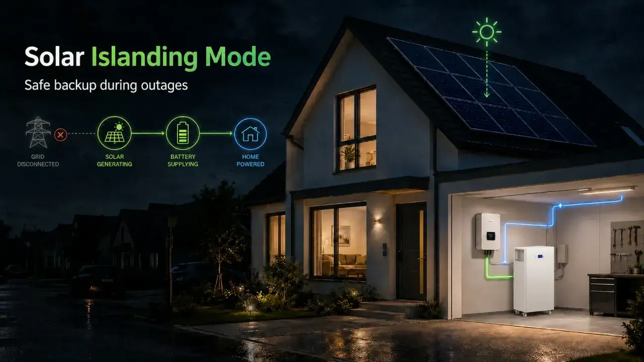 Hus med solpaneler och batterilagring som ger str&ouml;m vid elavbrott. En illustration visar hur systemet fungerar vid blackout.