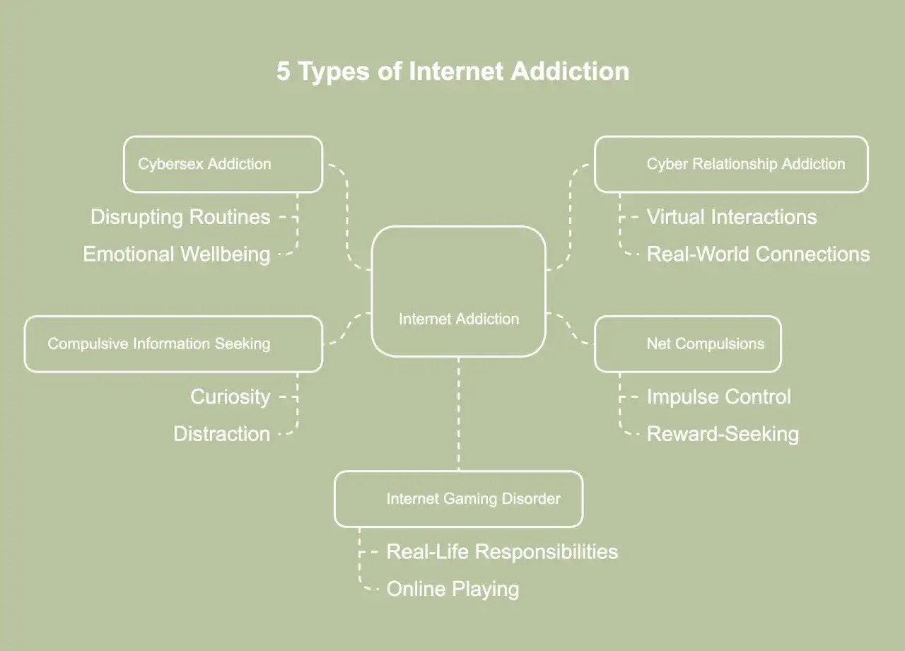 Sch&eacute;ma des 5 types d'addiction &agrave; Internet, illustrant les cons&eacute;quences de la cyberd&eacute;pendance : cybersex, relations virtuelles, recherche compulsive d'infos, jeux en ligne.