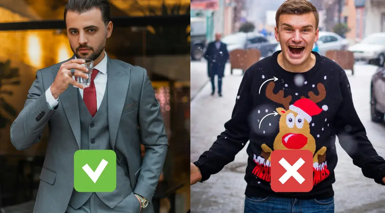 Come vestirsi a Natale uomo: elegante completo grigio vs maglione natalizio. Scegli lo stile giusto!
