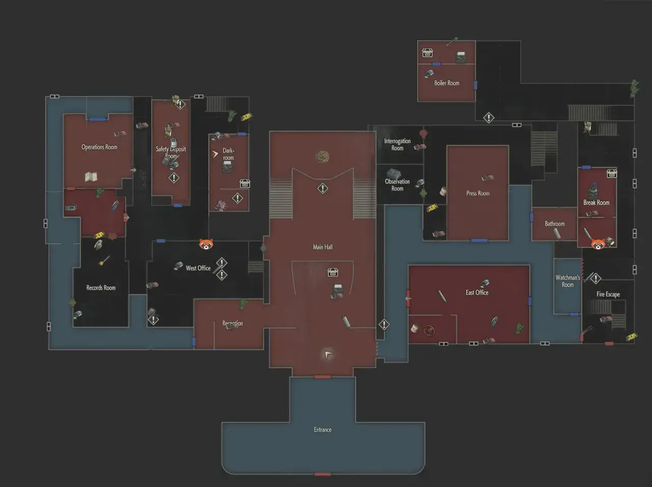 Mapa posterunku policji z Resident Evil 2. Pomocny w nawigacji i eksploracji, zawiera kluczowe lokacje jak Main Hall, Safety Deposit Room i West Office.