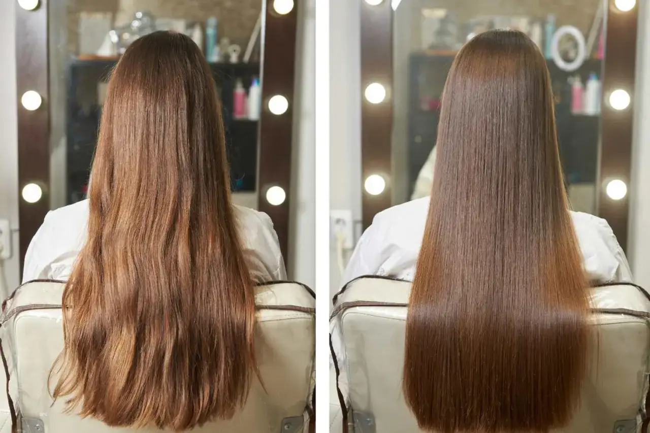 Avant/après : cheveux ondulés et secs transformés en une chevelure lisse et brillante grâce à un soin botox cheveux.