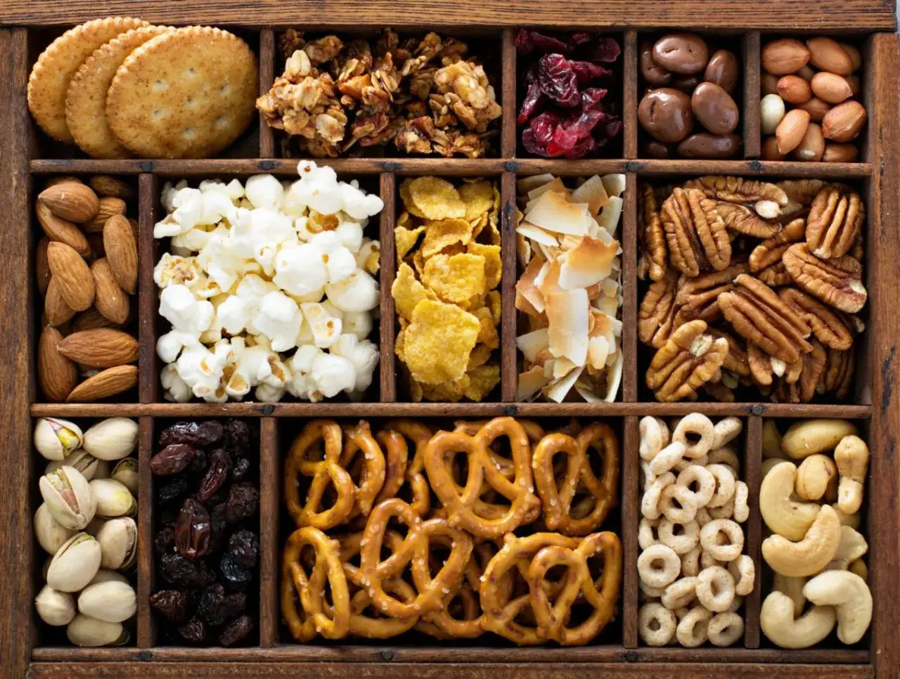 Holzbox mit verschiedenen herzhaften Snacks: Kekse, N&uuml;sse, Popcorn, Trockenfr&uuml;chte, Brezeln und M&uuml;sli. Perfekt f&uuml;r den kleinen Hunger zwischendurch.