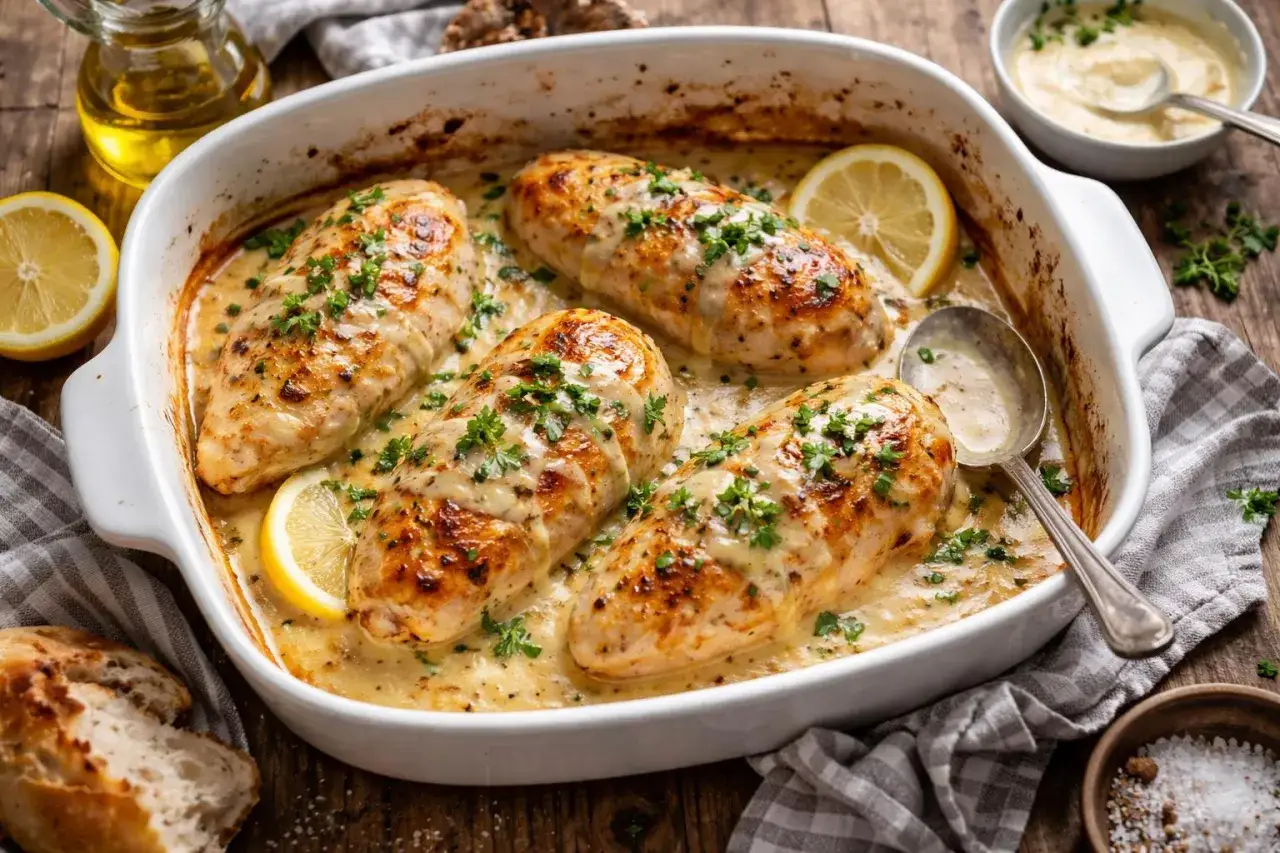 Blanc de poulet crémeux, une recette facile et savoureuse, garnie de persil frais et de quartiers de citron. Parfait pour un dîner réconfortant.