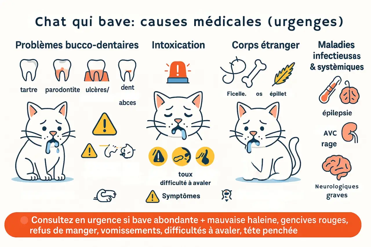 Illustration expliquant pourquoi mon chat bave : problèmes dentaires, intoxication, corps étranger, maladies. Urgence si bave abondante.