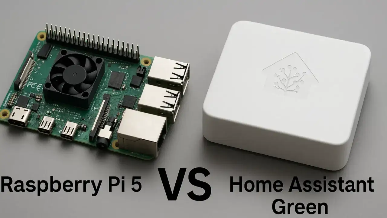 Carte mère Raspberry Pi 5 avec ventilateur, comparée à un boîtier Home Assistant Green.
