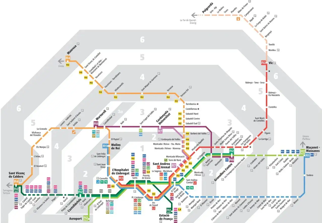 Mapa komunikacji miejskiej Barcelony z liniami metra i pociągów podmiejskich. Bilety Barcelona komunikacja są kluczowe do poruszania się po mieście.