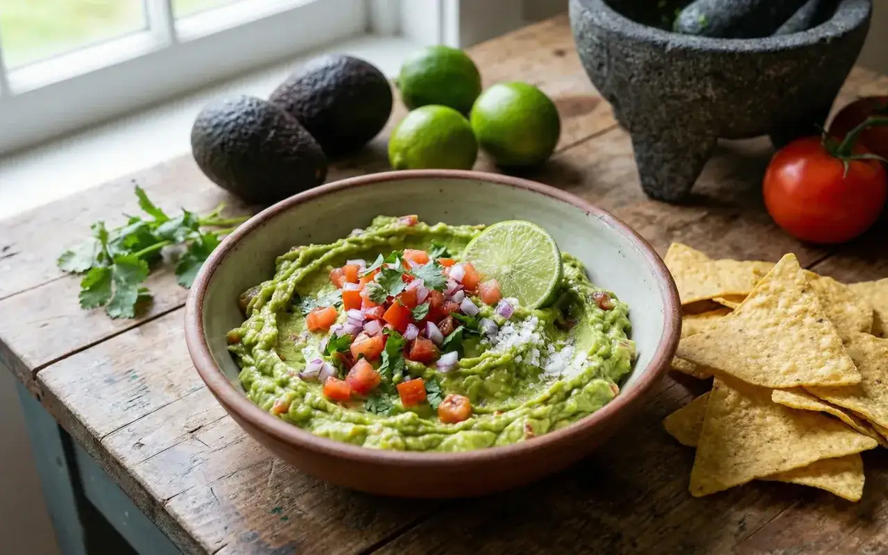 En sk&aring;l med kr&auml;mig guacamole, toppad med tomat, l&ouml;k och koriander. Perfekt f&ouml;r ditt n&auml;sta guacamole recept, med tortillachips redo att dippa.