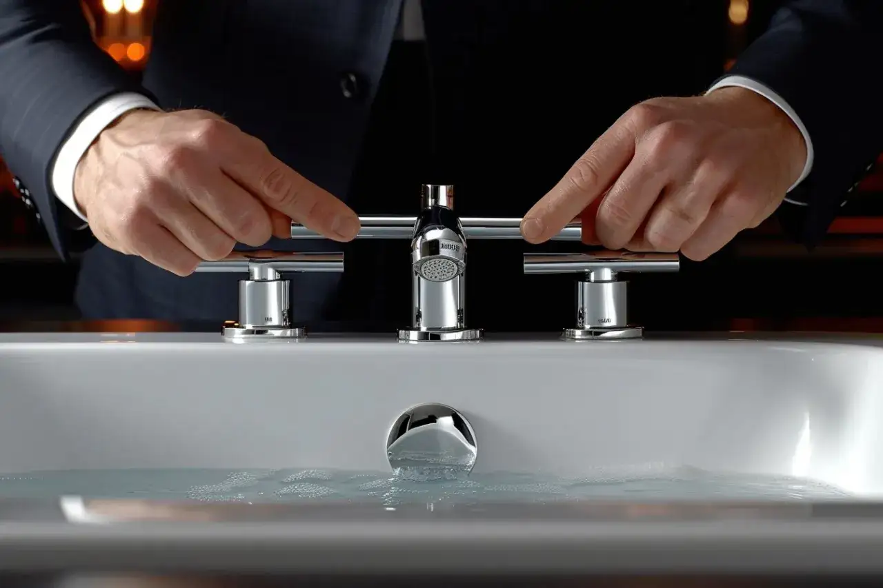Mains d'un homme en costume ajustant un robinet chrom&eacute; au design moderne, cr&eacute;ant un raccord asym&eacute;trique sur l'eau d'une baignoire.