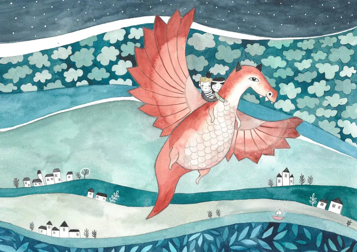 Ilustracja smoka z dziećmi na grzbiecie, lecącego nad wioskami. Inspiracja do stworzenia portfolio dla ilustratora książek dla dzieci.