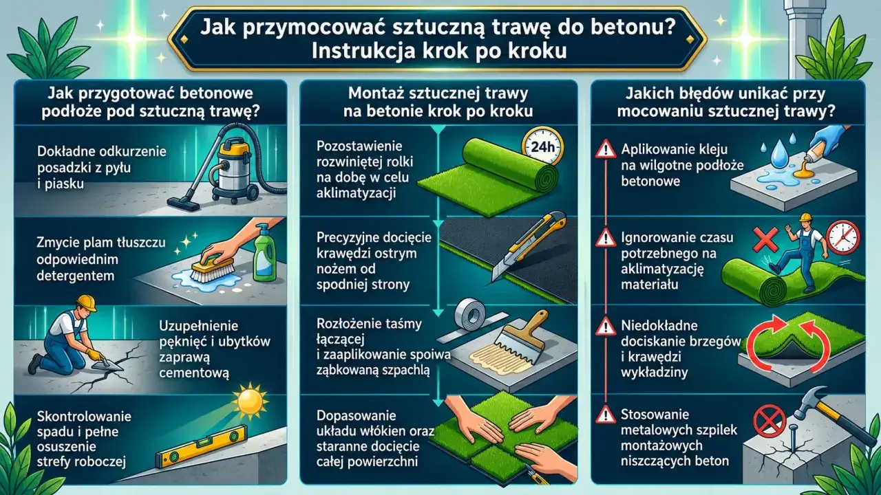 Instrukcja montażu sztucznej trawy na betonie: przygotowanie podłoża, aklimatyzacja, docinanie, klejenie i unikanie błęd&oacute;w.