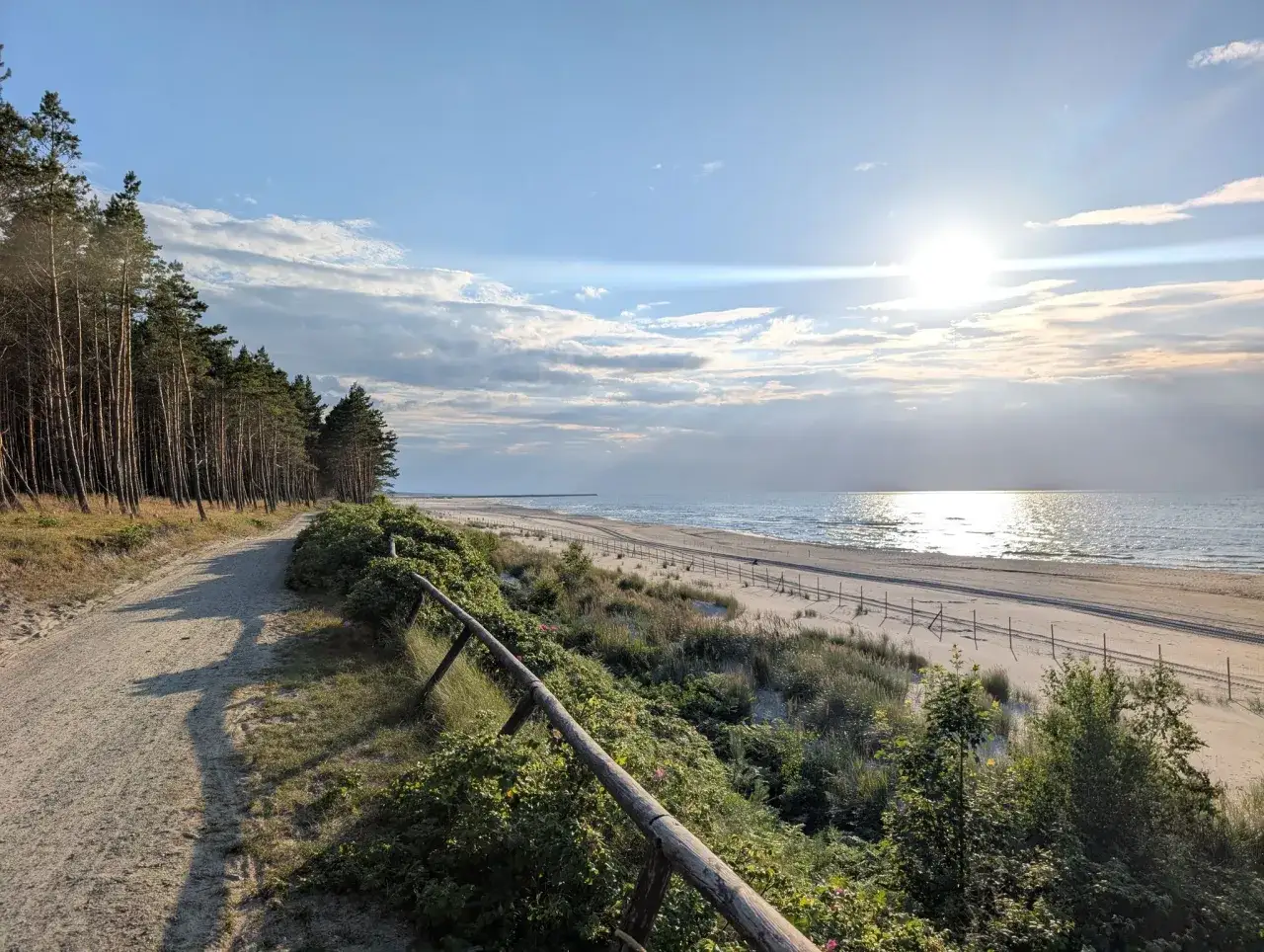 Piękna, piaszczysta plaża z lasem sosnowym po lewej. Słońce odbija się w morzu, tworząc błyszczącą ścieżkę. Idealna **jantar trasa** na spacer.
