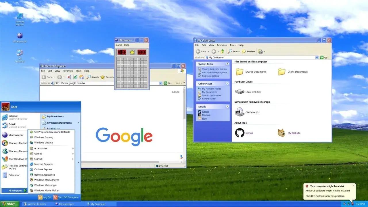 Klasyczny pulpit **Windows XP** z otwartymi grami Minesweeper, Internet Explorerem i oknem