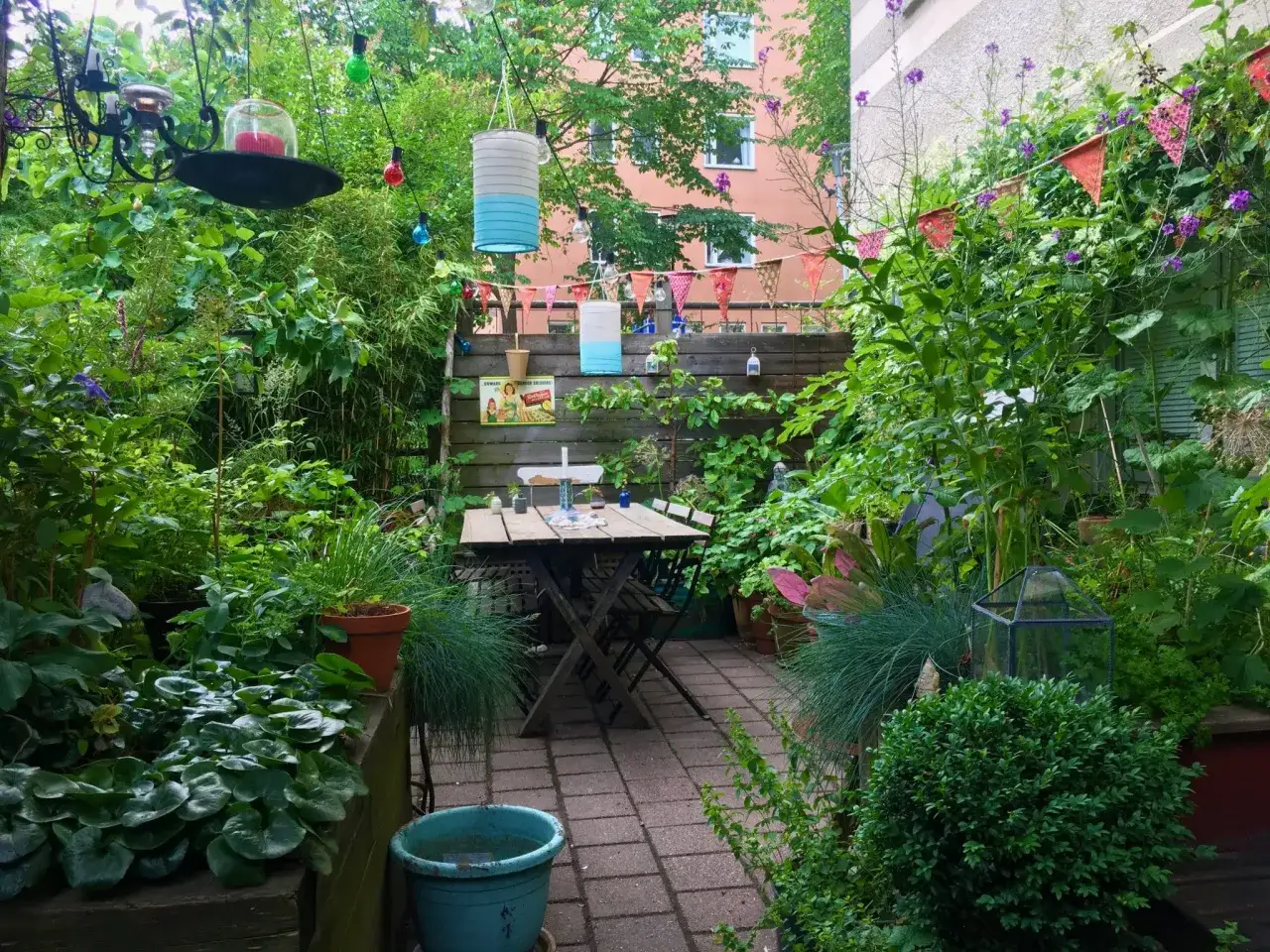 En lummig trädgård med ett bord och stolar, dekorerad med ljusslingor och flaggor. En kruka med hallon skymtar bland det gröna.